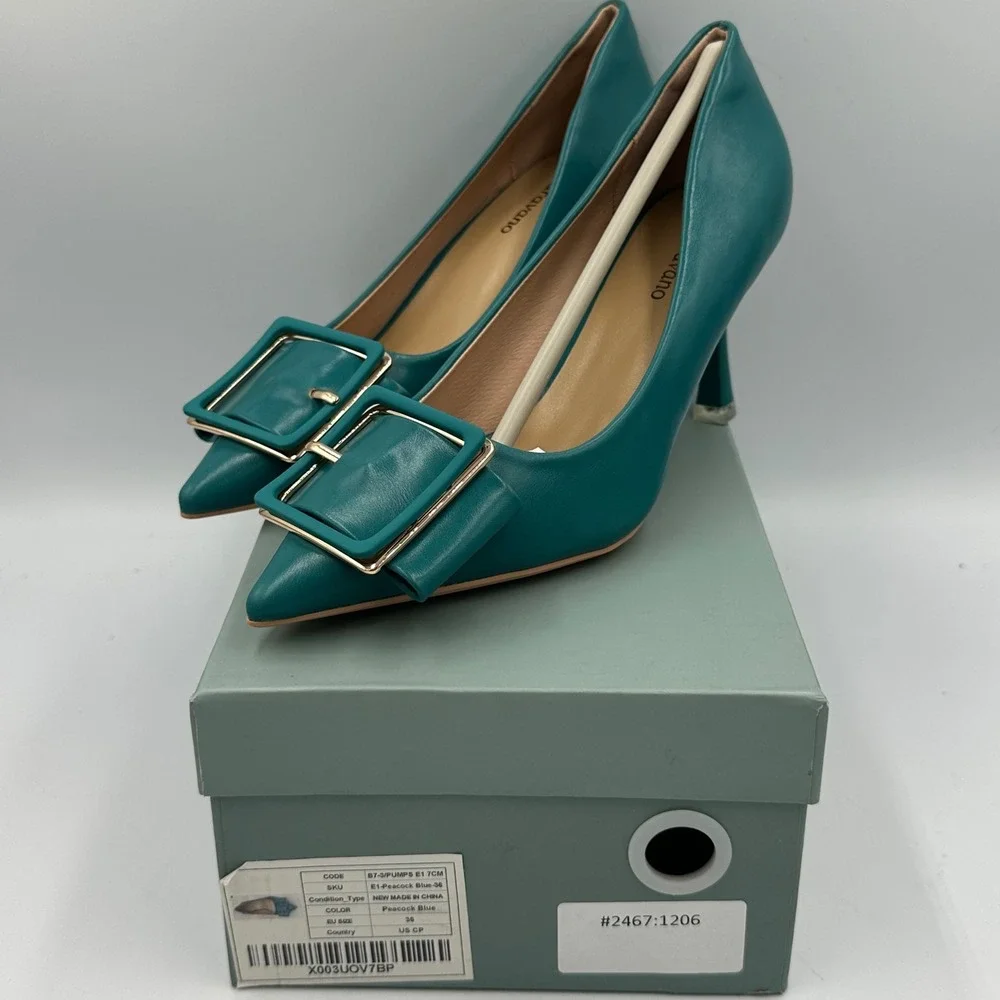 C.Paravano Peacock Blue Buckle Pumps Sz 36 / 5.5 Leather Pointed Toe Kitten Heel